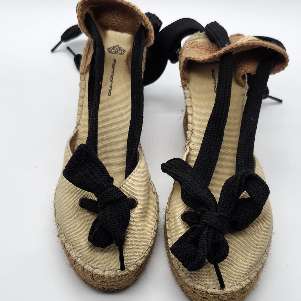 Fornarina Espadrille Canvas Wedge Sandals - Black and Tan
